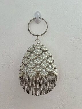 Rhinestone Beaded Silver Clutch With Circular Wrist Strap perfect for Prom